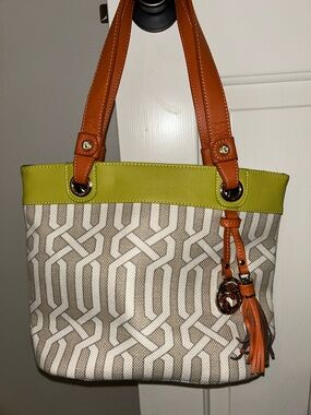 Spartina 449 Beige Geometric Tote with Lime Trim and Orange Handles